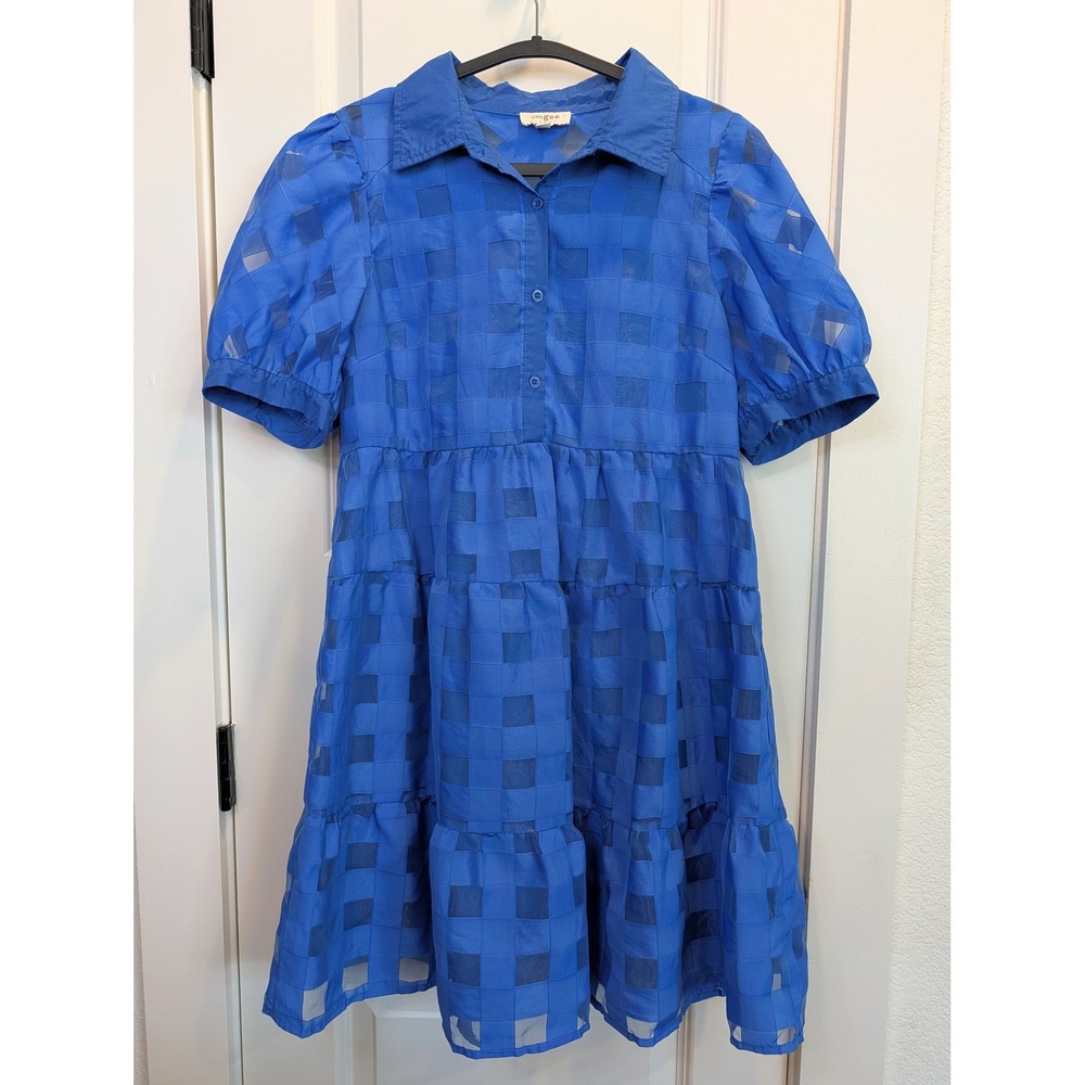 Umgee Sheer Checked Tiered Blue Babydoll Dress